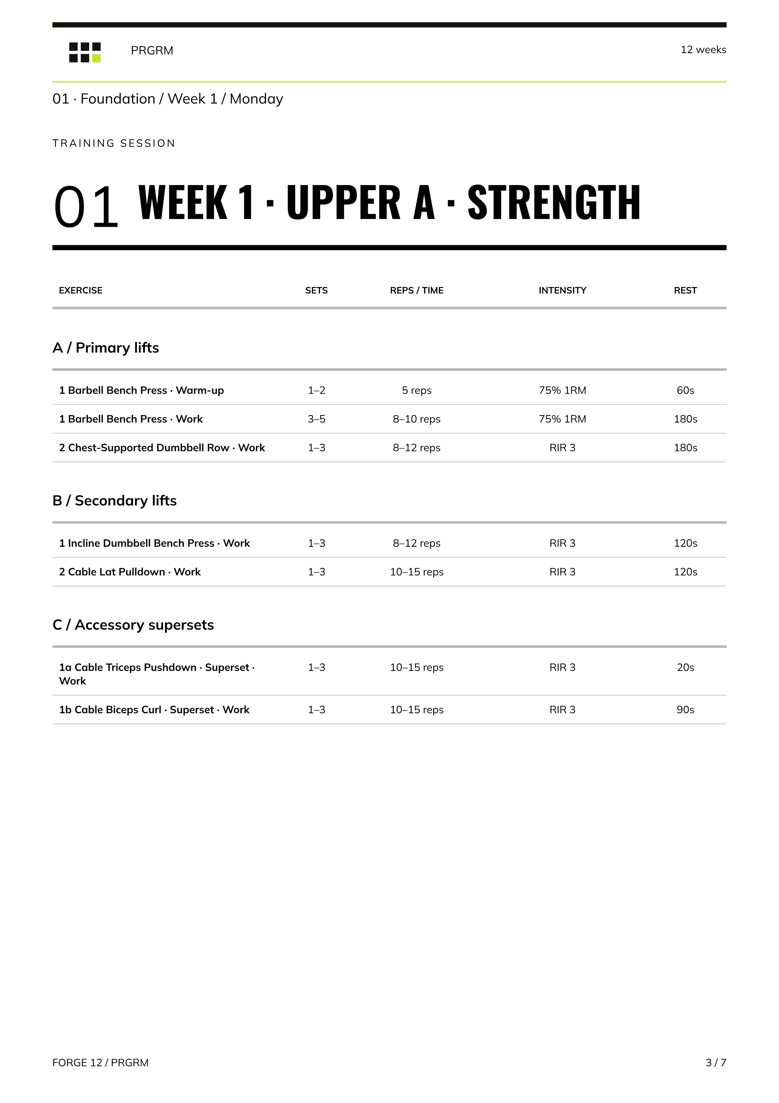 PRGRM branded strength workout export with exercises and coaching notes