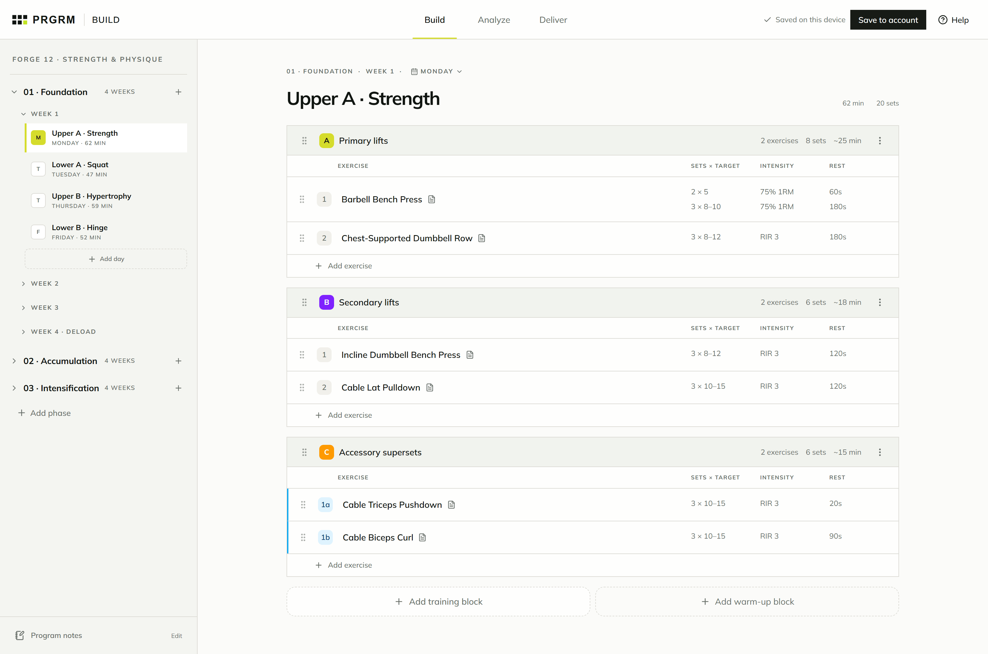 PRGRM BUILD workspace with the FORGE 12 workout, exercises, sets, and reps