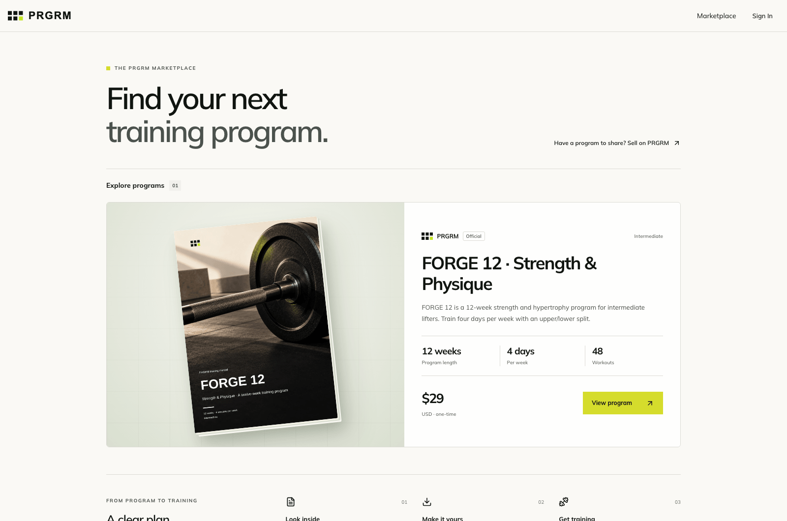 PRGRM Marketplace showing the FORGE 12 program listing and purchase details