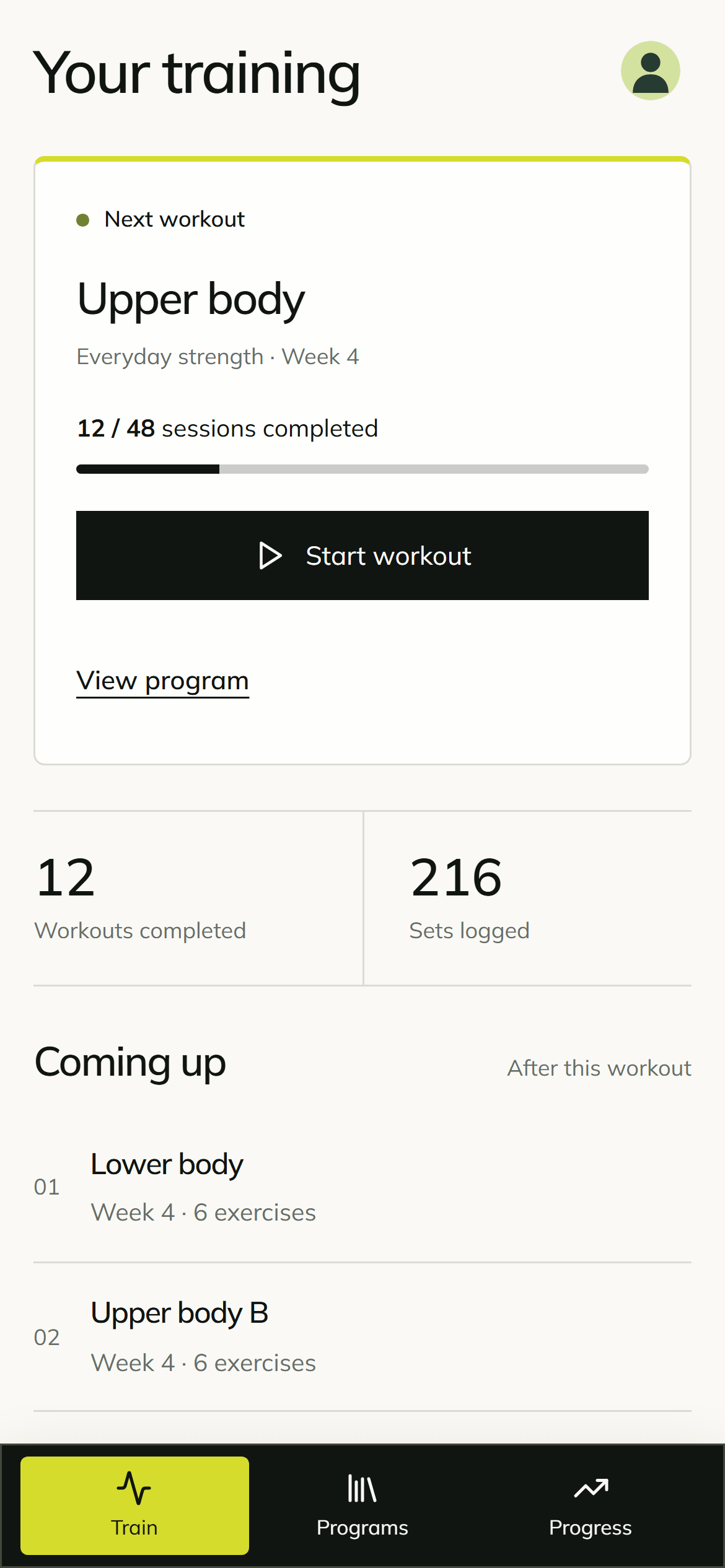 Your training home screen showing the next workout, training totals, and upcoming sessions