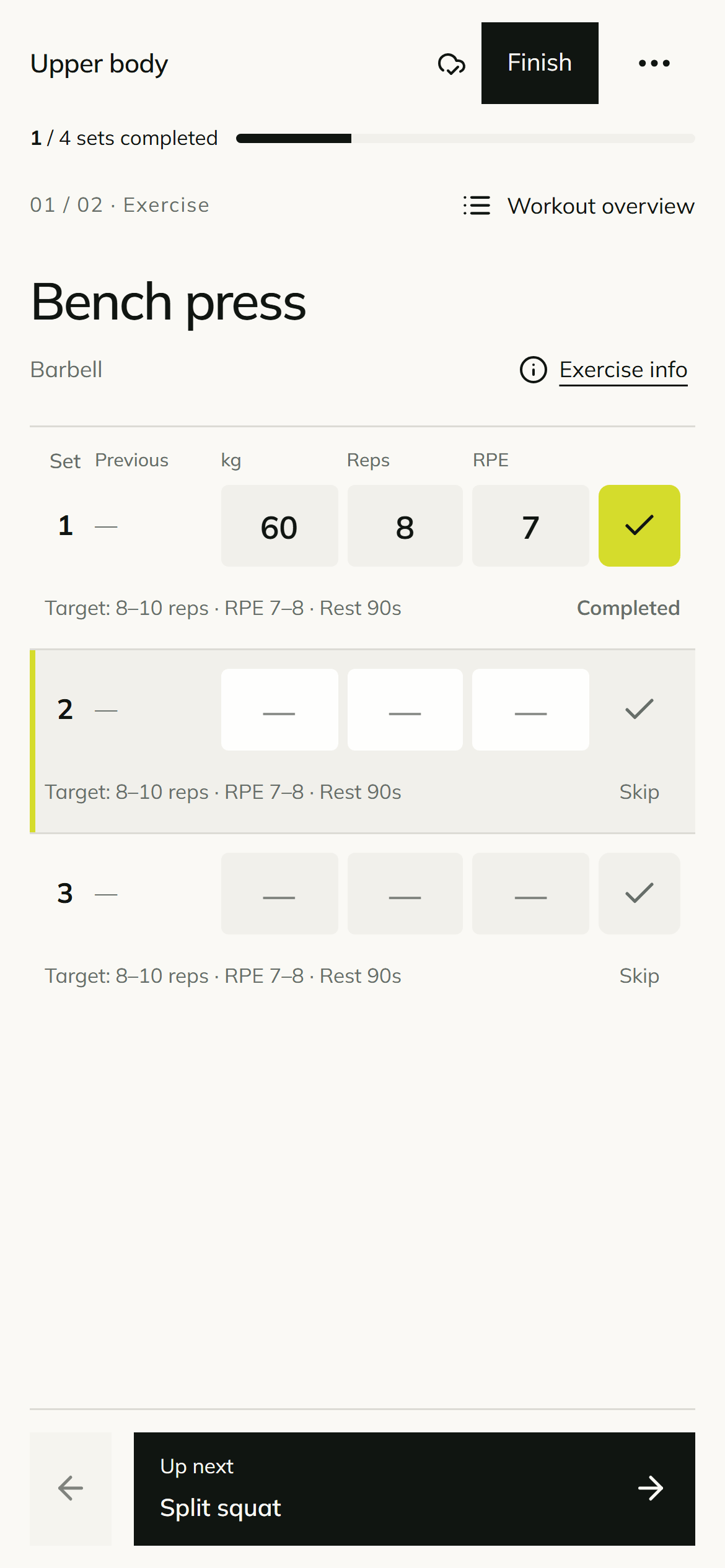 TRAIN workout on a phone with prescribed sets and fields to log reps and weight
